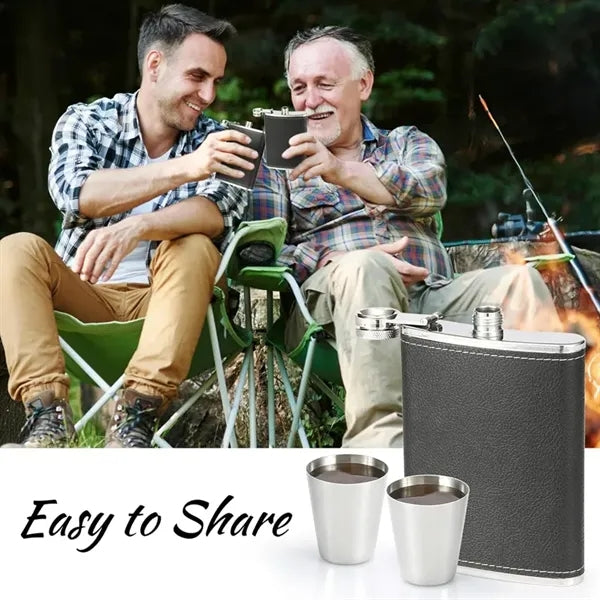 Stainless Steel Soft Touch Leather Wrap Flask Gift Set