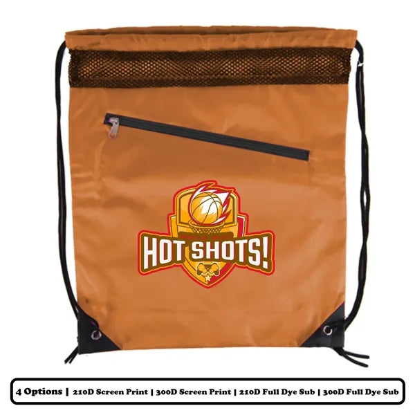 Mesh-Top Polyester Drawstring Bag w/ Slant-Zip Pocket w/