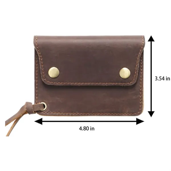 Double-Button Cowhide Short Wallet with Zippered Compartment