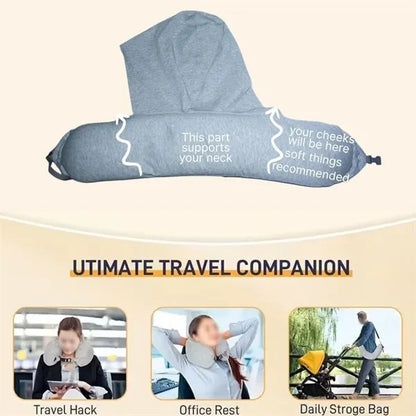 Portable light blocking hooded stuffable travel neck pillow