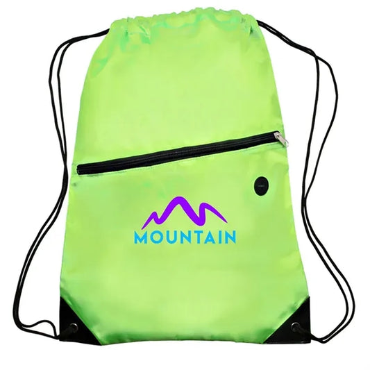 Polyester 210D Drawstring Bag w/ Zippered Pocket - 13.5"W x