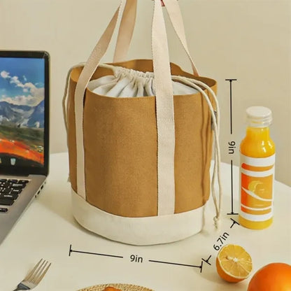 Thick Canvas Drawstring Lunch Tote With Silverized Lining