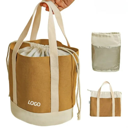 Thick Canvas Drawstring Lunch Tote With Silverized Lining