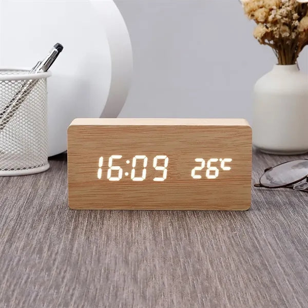 Voice-Activated USB Wooden Clock with  LED Display Temp