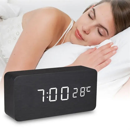 Voice-Activated USB Wooden Clock with  LED Display Temp