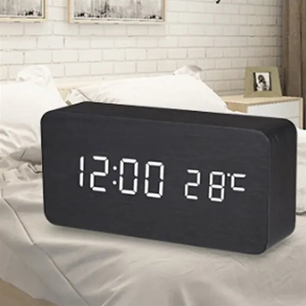 Voice-Activated USB Wooden Clock with  LED Display Temp