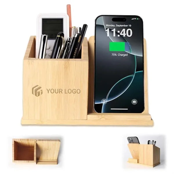 Bamboo desk organizer 3-in-1 pen holder wireless charger