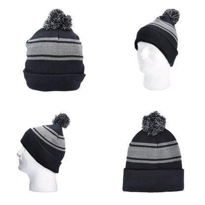 Striped Pom-Pom Knit Beanie with Fold-Up Cuff