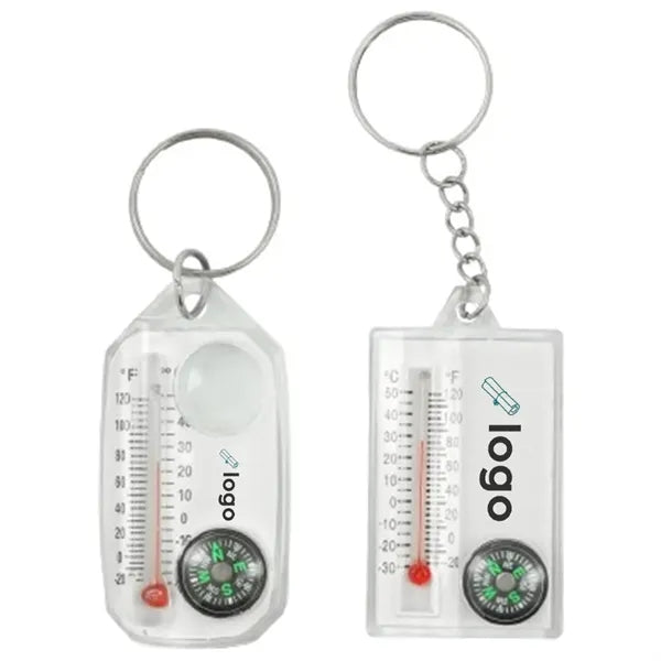 Mini Thermometer Keychain with Compass and Magnifying Glass