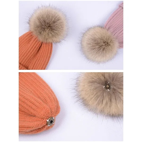 Warm soft winter women ski cap knitted beanie hat with pom