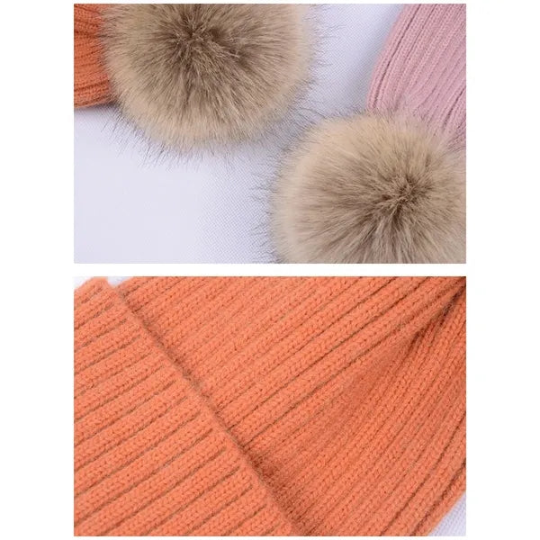 Warm soft winter women ski cap knitted beanie hat with pom