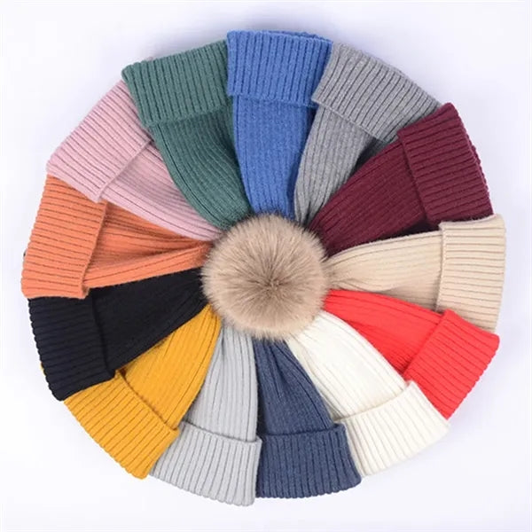Warm soft winter women ski cap knitted beanie hat with pom