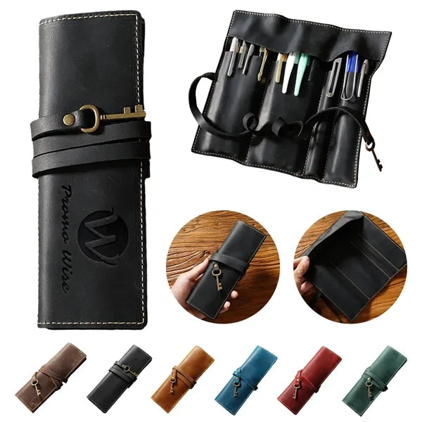 Premium Cowhide Leather Roll Pencil Pouch with Secure Flap