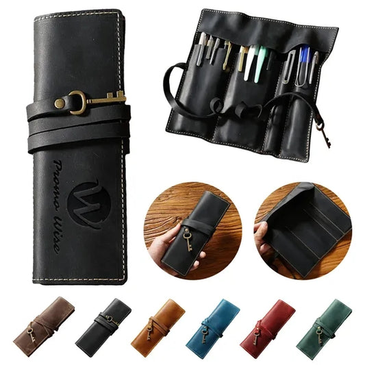 Premium Cowhide Leather Roll Pencil Pouch with Secure Flap