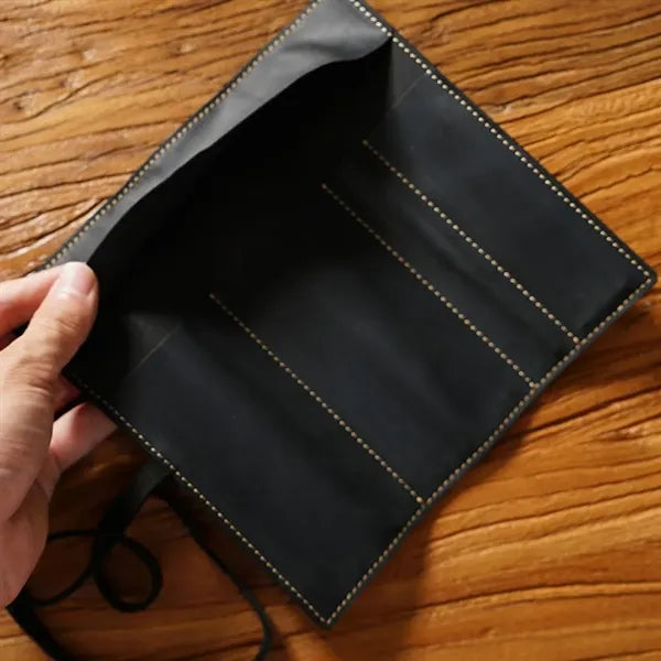 Premium Cowhide Leather Roll Pencil Pouch with Secure Flap