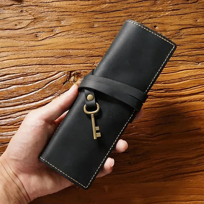 Premium Cowhide Leather Roll Pencil Pouch with Secure Flap