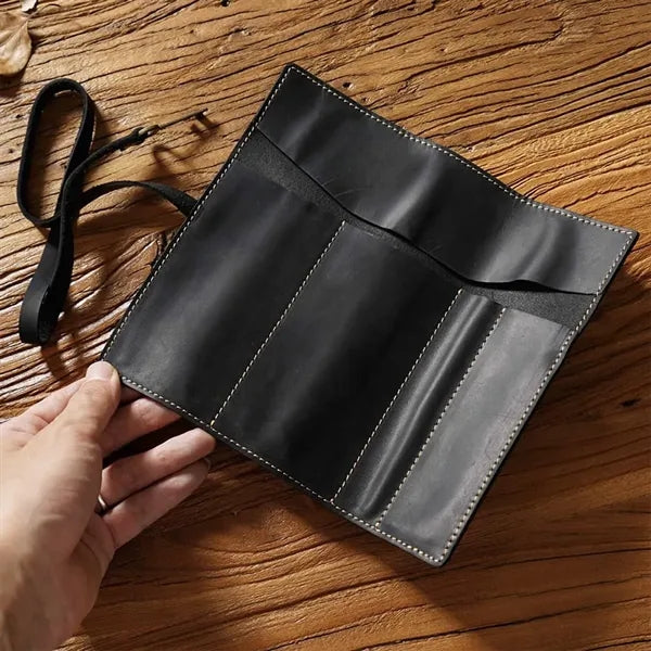Premium Cowhide Leather Roll Pencil Pouch with Secure Flap