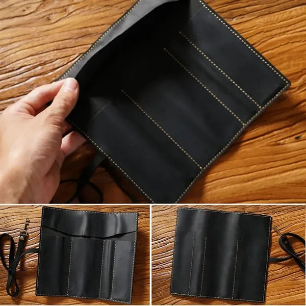 Premium Cowhide Leather Roll Pencil Pouch with Secure Flap