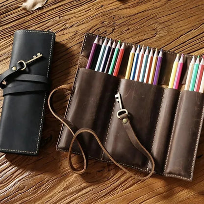 Premium Cowhide Leather Roll Pencil Pouch with Secure Flap