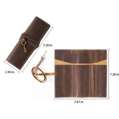 Premium Cowhide Leather Roll Pencil Pouch with Secure Flap