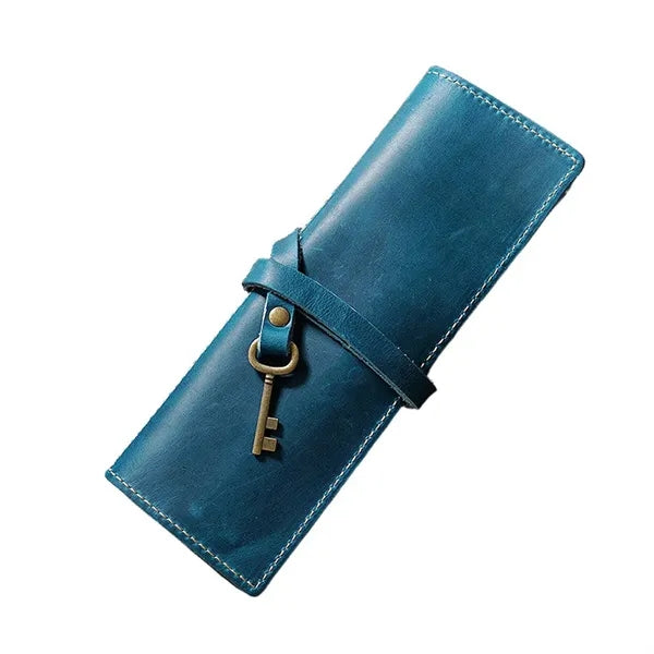 Premium Cowhide Leather Roll Pencil Pouch with Secure Flap