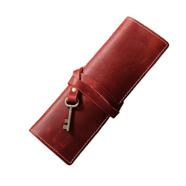 Premium Cowhide Leather Roll Pencil Pouch with Secure Flap