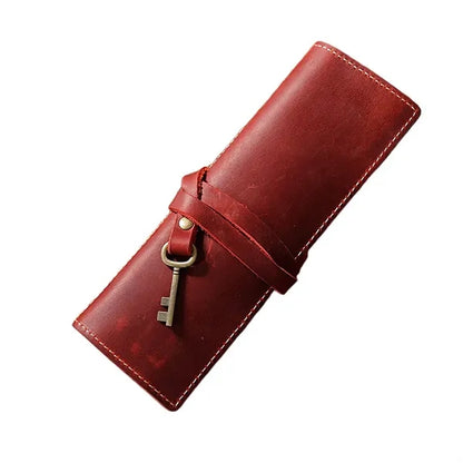 Premium Cowhide Leather Roll Pencil Pouch with Secure Flap