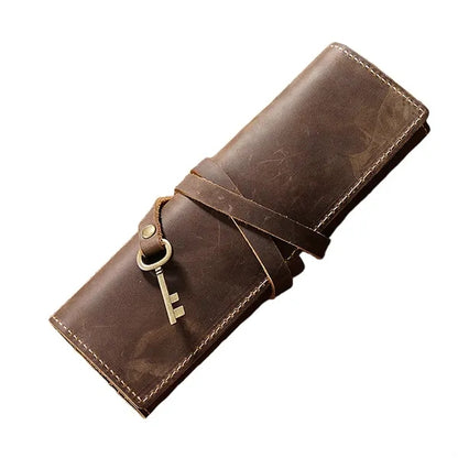 Premium Cowhide Leather Roll Pencil Pouch with Secure Flap