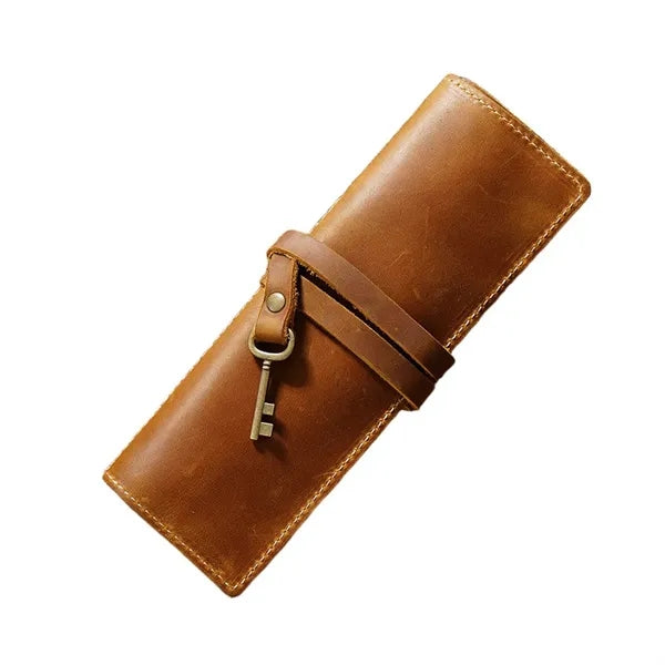 Premium Cowhide Leather Roll Pencil Pouch with Secure Flap