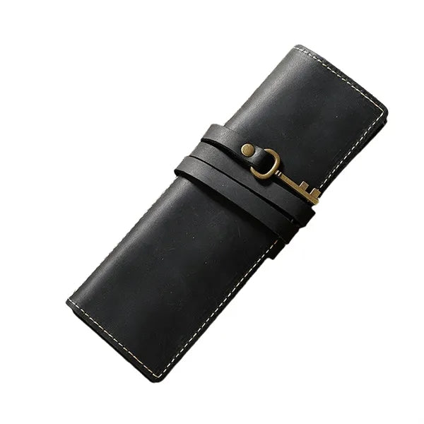 Premium Cowhide Leather Roll Pencil Pouch with Secure Flap