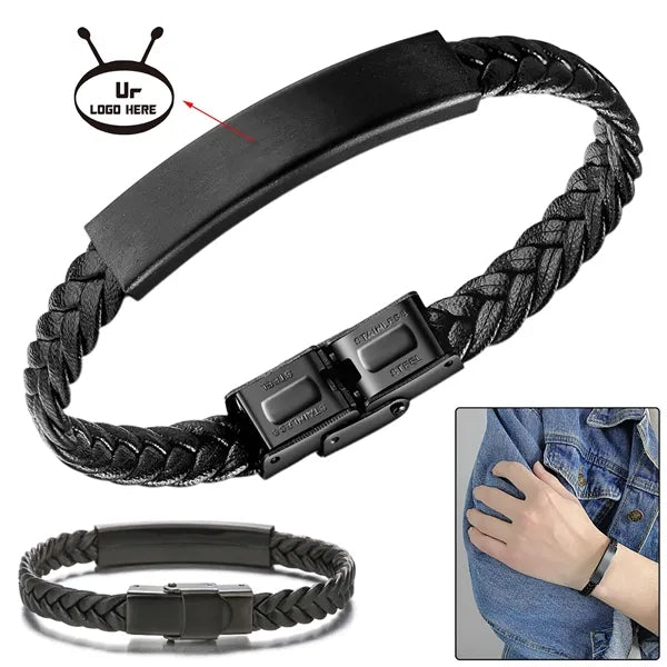 Leather Stainless Steel Bangle Bracelet