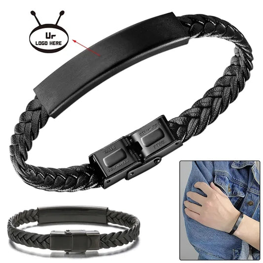 Leather Stainless Steel Bangle Bracelet