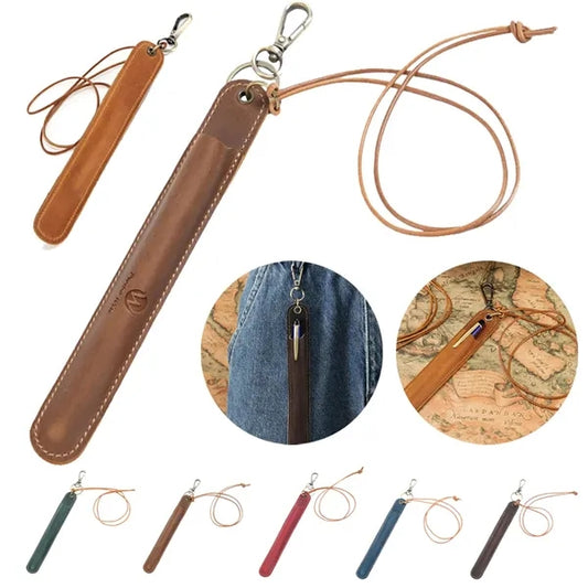 Cowhide Leather Vintage Pen Pouch with Adjustable Lanyard