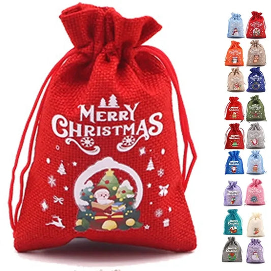 Multi-colored Christmas Linen Bags with Drawstring