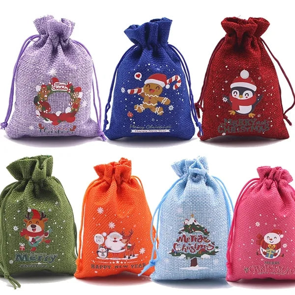 Multi-colored Christmas Linen Bags with Drawstring