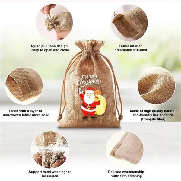 Multi-colored Christmas Linen Bags with Drawstring