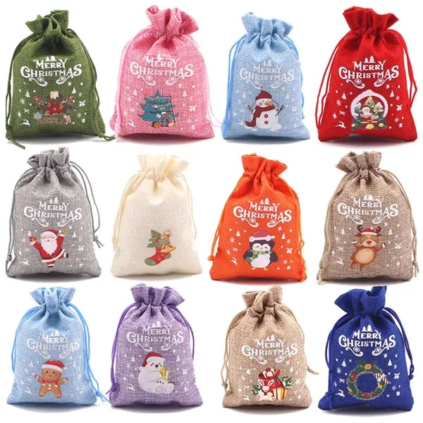Multi-colored Christmas Linen Bags with Drawstring