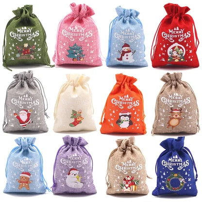 Multi-colored Christmas Linen Bags with Drawstring