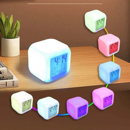 7 Colors Changing LED Temperature display Alarm Clock Cube