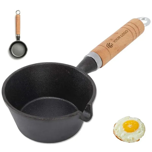 Mini kitchen skillet cast iron frying pan with wooden handle