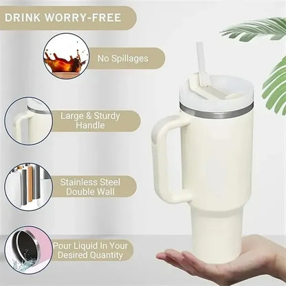 Insulated Stainless Steel Cup, Tumbler with Handle and Straw
