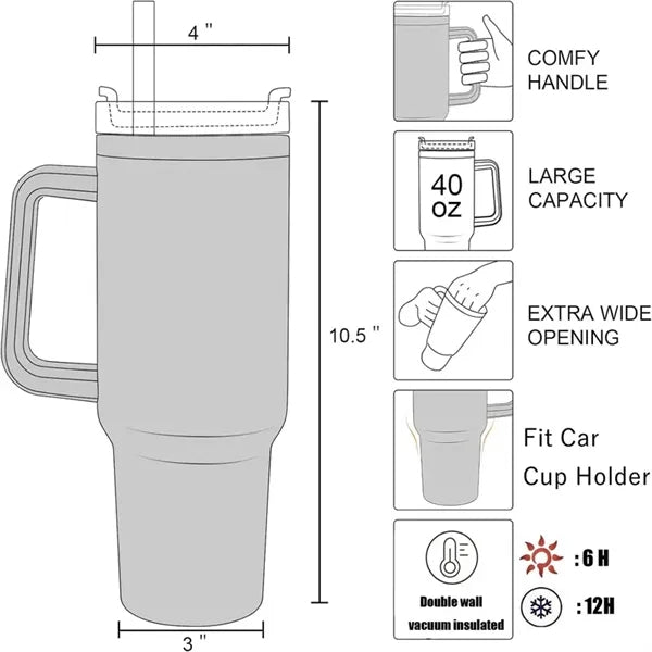 Insulated Stainless Steel Cup, Tumbler with Handle and Straw