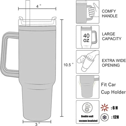 Insulated Stainless Steel Cup, Tumbler with Handle and Straw
