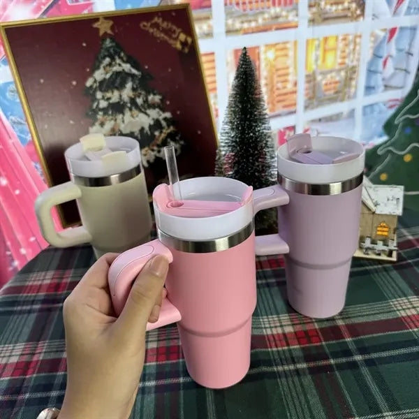 Insulated Stainless Steel Cup, Tumbler with Handle and Straw