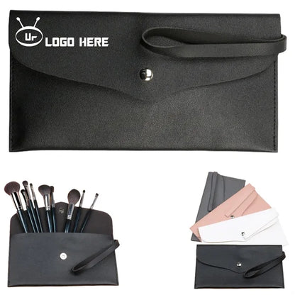 Pu Button Pouch Handbag For 15Pcs Makeup Brushes