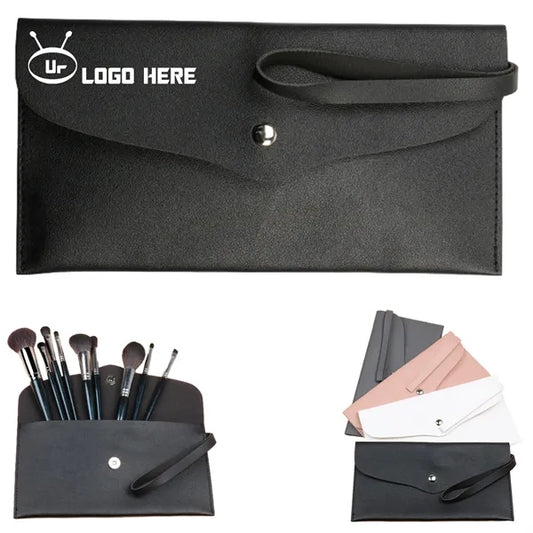 Pu Button Pouch Handbag For 15Pcs Makeup Brushes