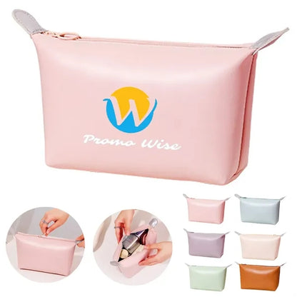 Compact Solid Secure Zipper PU Leather Cosmetic Pouch