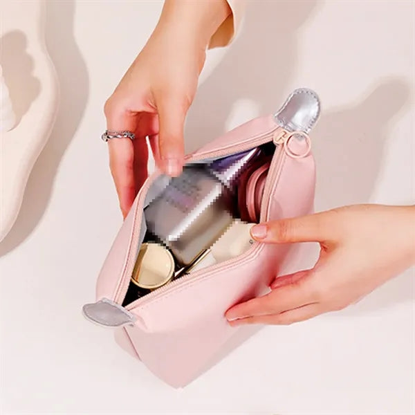 Compact Solid Secure Zipper PU Leather Cosmetic Pouch