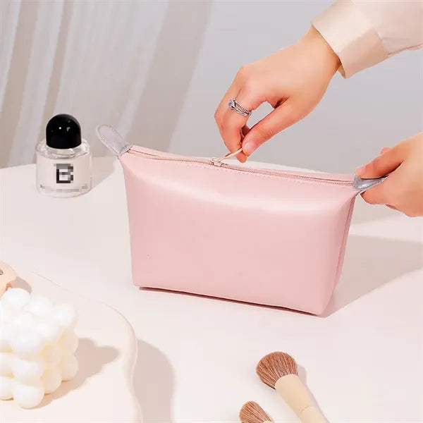 Compact Solid Secure Zipper PU Leather Cosmetic Pouch