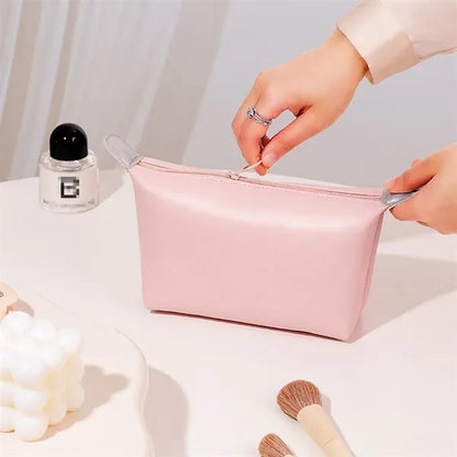 Compact Solid Secure Zipper PU Leather Cosmetic Pouch